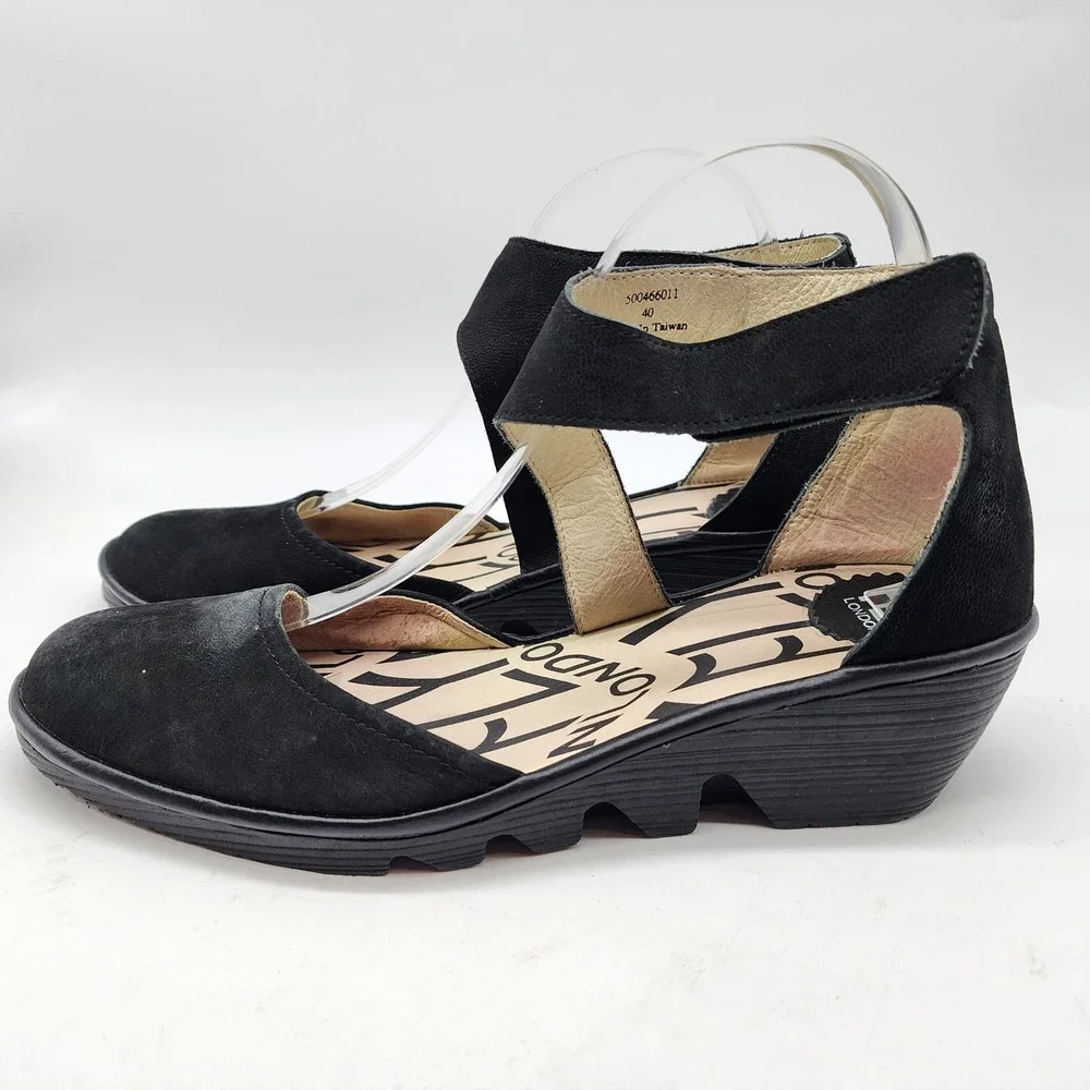 Fly London Piat Ankle Strap Wedge Sandals Womens 40 US 9-9.5 Black Suede Comfort